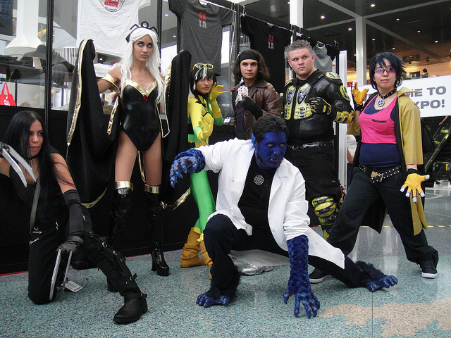 A group of people at a fan expo dressed as the X men